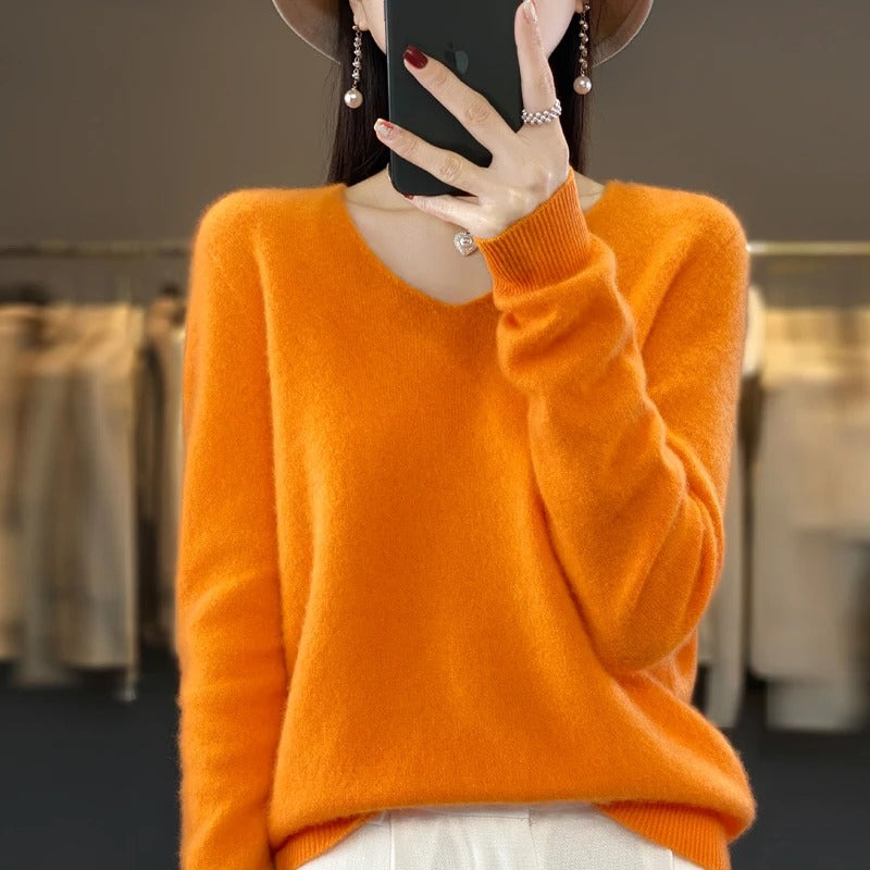 Elena | Women's V-Neck Wool-Feel Sweater – Lightweight Long Sleeve Knit Pullover – Orange