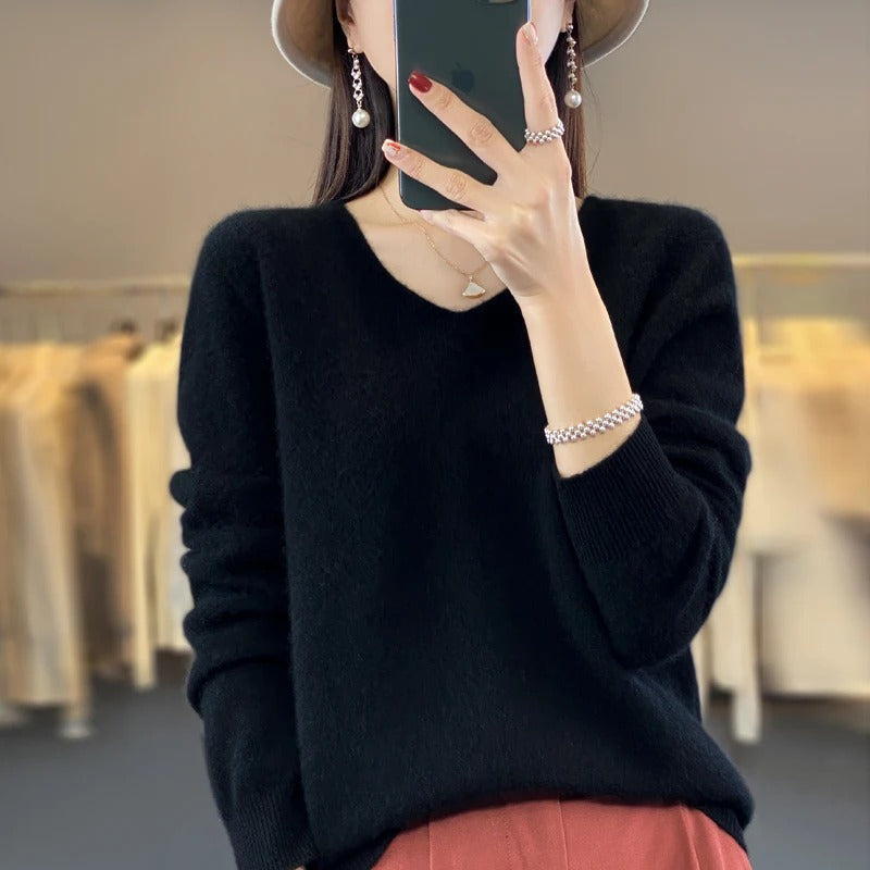 Elena | Women's V-Neck Wool-Feel Sweater – Lightweight Long Sleeve Knit Pullover – Black