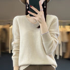Elena | Women's V-Neck Wool-Feel Sweater – Lightweight Long Sleeve Knit Pullover – Beige