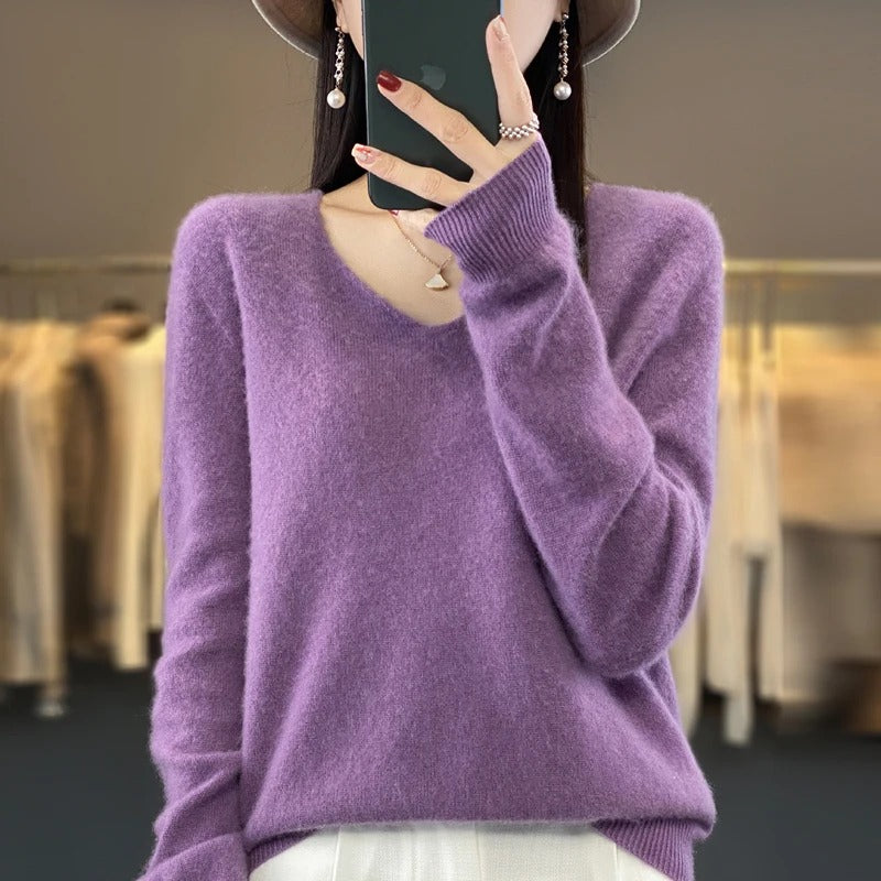 Elena | Women's V-Neck Wool-Feel Sweater – Lightweight Long Sleeve Knit Pullover – Light Purple