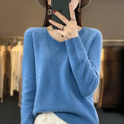 Elena | Women's V-Neck Wool-Feel Sweater – Lightweight Long Sleeve Knit Pullover – Light Blue