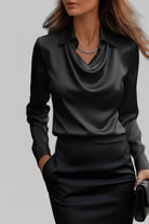 Elise – Women's Draped Long Sleeve Blouse – Fluid Fabric, Elegant Neckline – Black