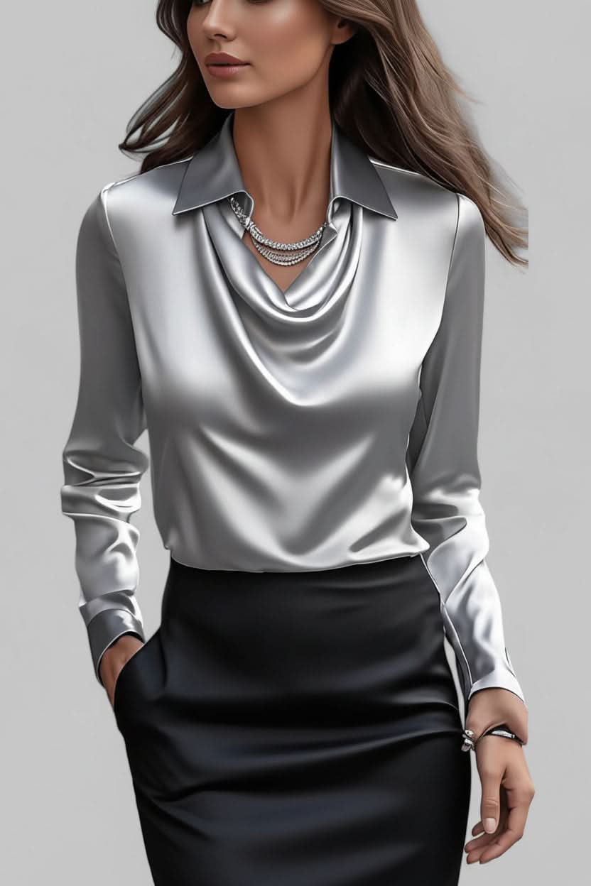Elise – Women's Draped Long Sleeve Blouse – Fluid Fabric, Elegant Neckline