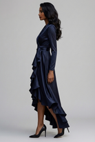 Elodie | Women's Long Sleeve Satin-Finish Wrap Dress – Tie Waist, Ruffle Hem