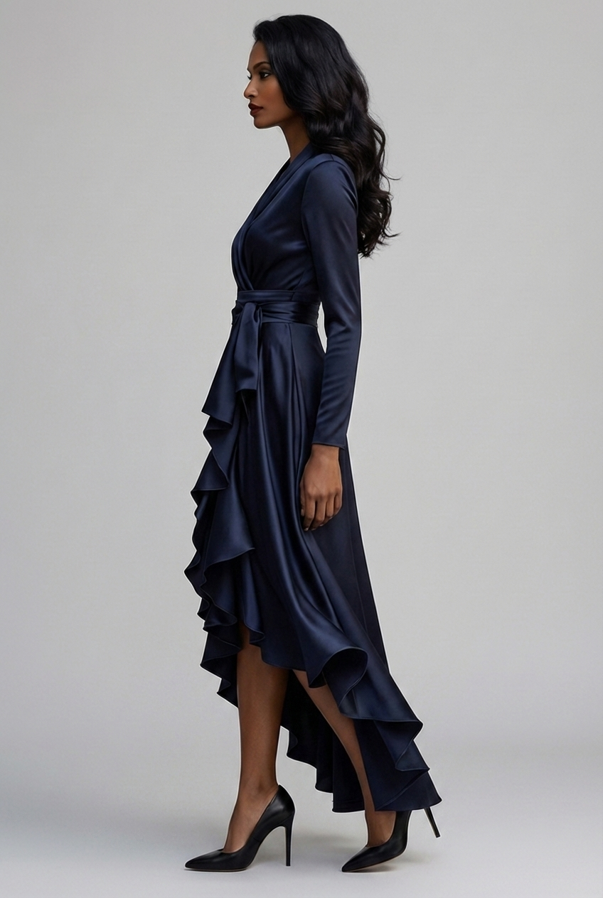 Elodie | Women's Long Sleeve Satin-Finish Wrap Dress – Tie Waist, Ruffle Hem