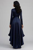 Elodie | Women's Long Sleeve Satin-Finish Wrap Dress – Tie Waist, Ruffle Hem