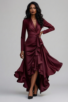 Elodie | Women's Long Sleeve Satin-Finish Wrap Dress – Tie Waist, Ruffle Hem – Wine Red