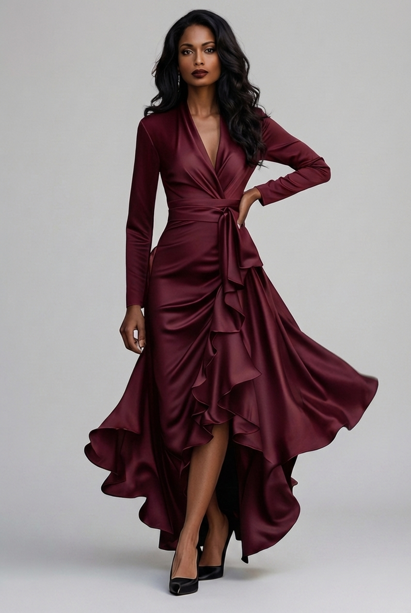 Elodie | Women's Long Sleeve Satin-Finish Wrap Dress – Tie Waist, Ruffle Hem – Wine Red