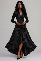 Elodie | Women's Long Sleeve Satin-Finish Wrap Dress – Tie Waist, Ruffle Hem – Black