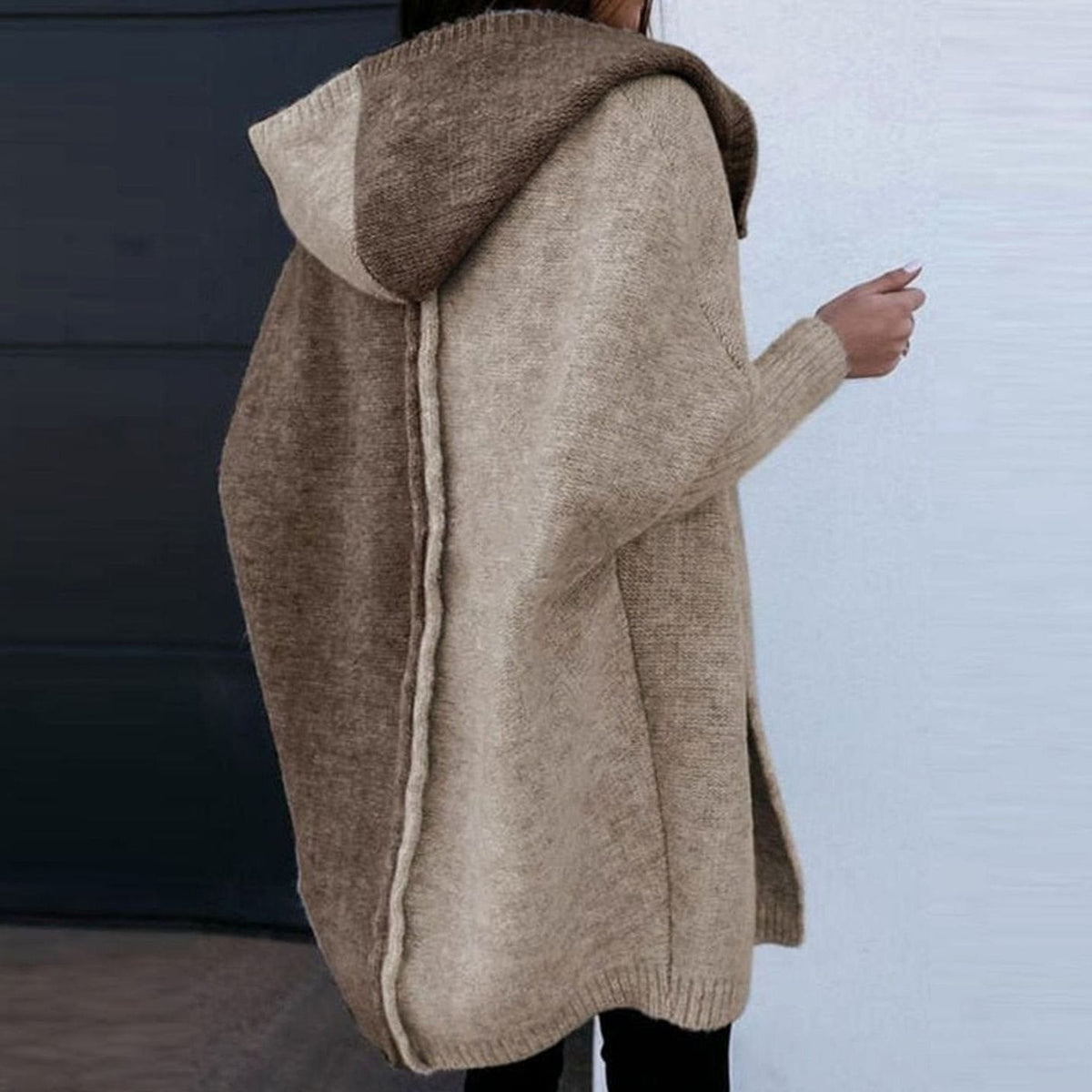 Emmy | Women's Hooded Longline Open-Front Cardigan – Two-Tone Knit, Ribbed Sleeves