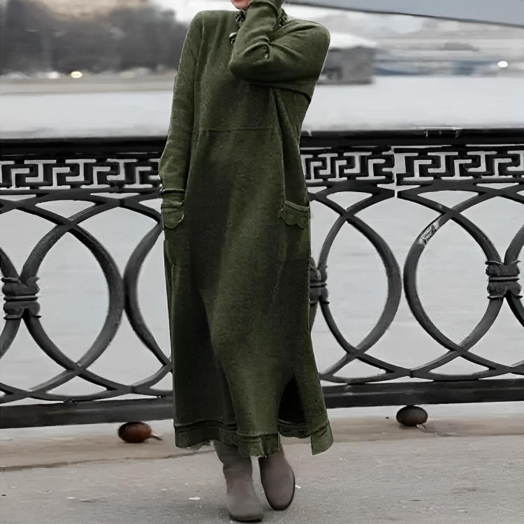 Esme | Women's Turtleneck Maxi Sweater Dress – Long Sleeves, Side Slits, Pockets – Green