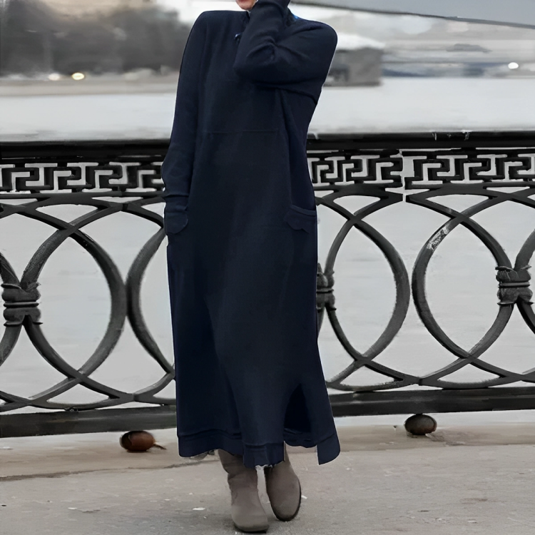 Esme | Women's Turtleneck Maxi Sweater Dress – Long Sleeves, Side Slits, Pockets – Blue