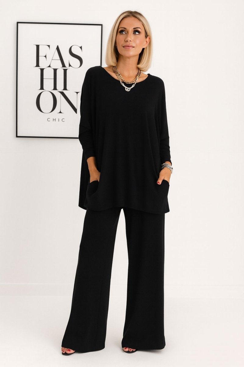 Estelle | Women's Knit Two-Piece Set – Soft Sweater and Elastic Waist Pants – Black