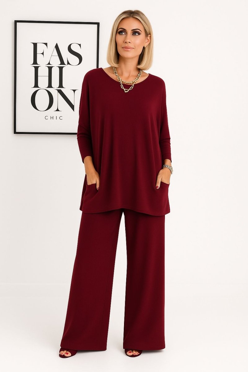 Estelle | Women's Knit Two-Piece Set – Soft Sweater and Elastic Waist Pants – Wine Red