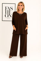 Estelle | Women's Knit Two-Piece Set – Soft Sweater and Elastic Waist Pants – Dark Brown