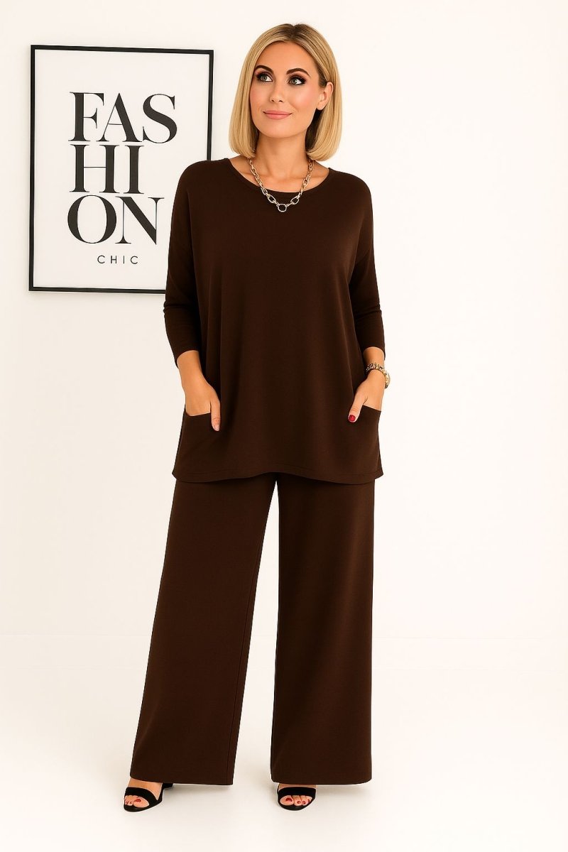 Estelle | Women's Knit Two-Piece Set – Soft Sweater and Elastic Waist Pants – Dark Brown