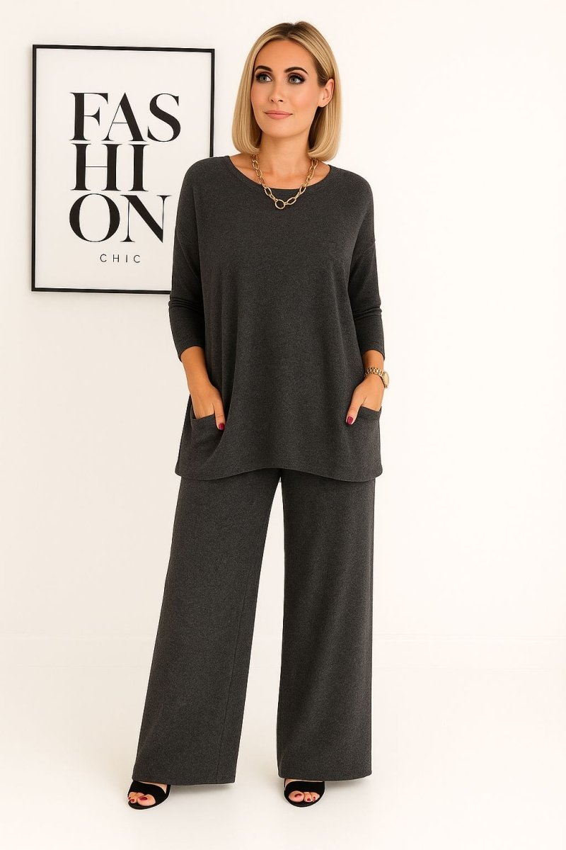 Estelle | Women's Knit Two-Piece Set – Soft Sweater and Elastic Waist Pants – Dark Gray
