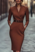 Evangeline – Women's Belted Sheath Dress – Stand Collar, Long Sleeve Pencil Midi – Brick Red