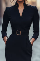 Evangeline – Women's Belted Sheath Dress – Stand Collar, Long Sleeve Pencil Midi