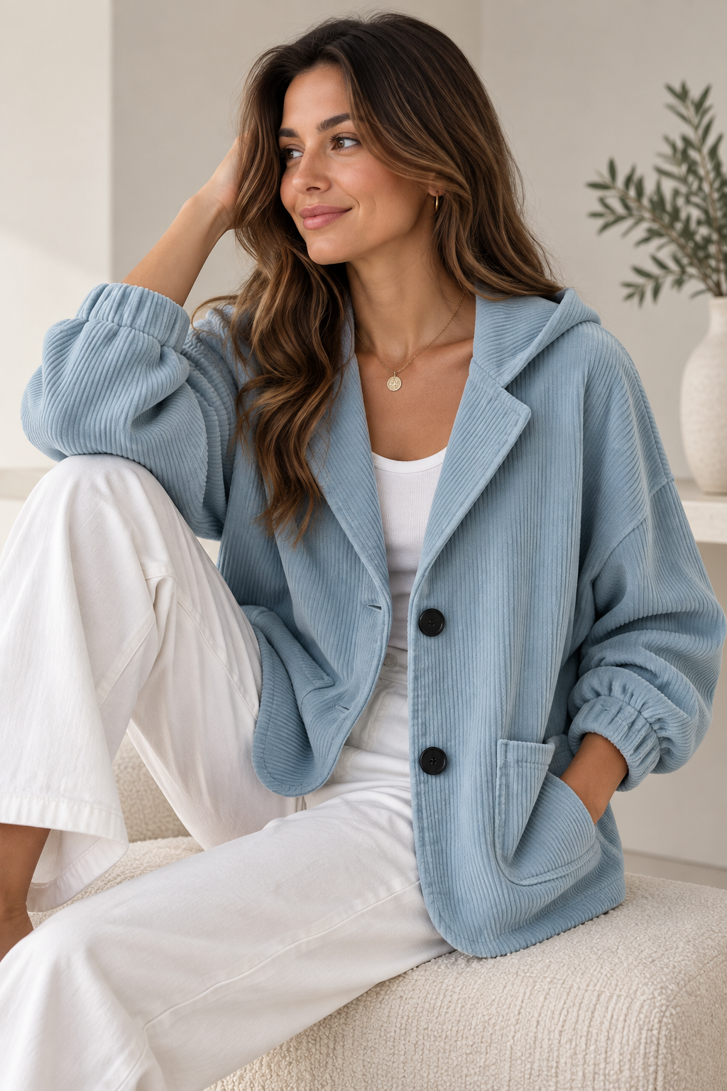 Women's Oversized Corduroy-Effect Hooded Jacket – Button Front