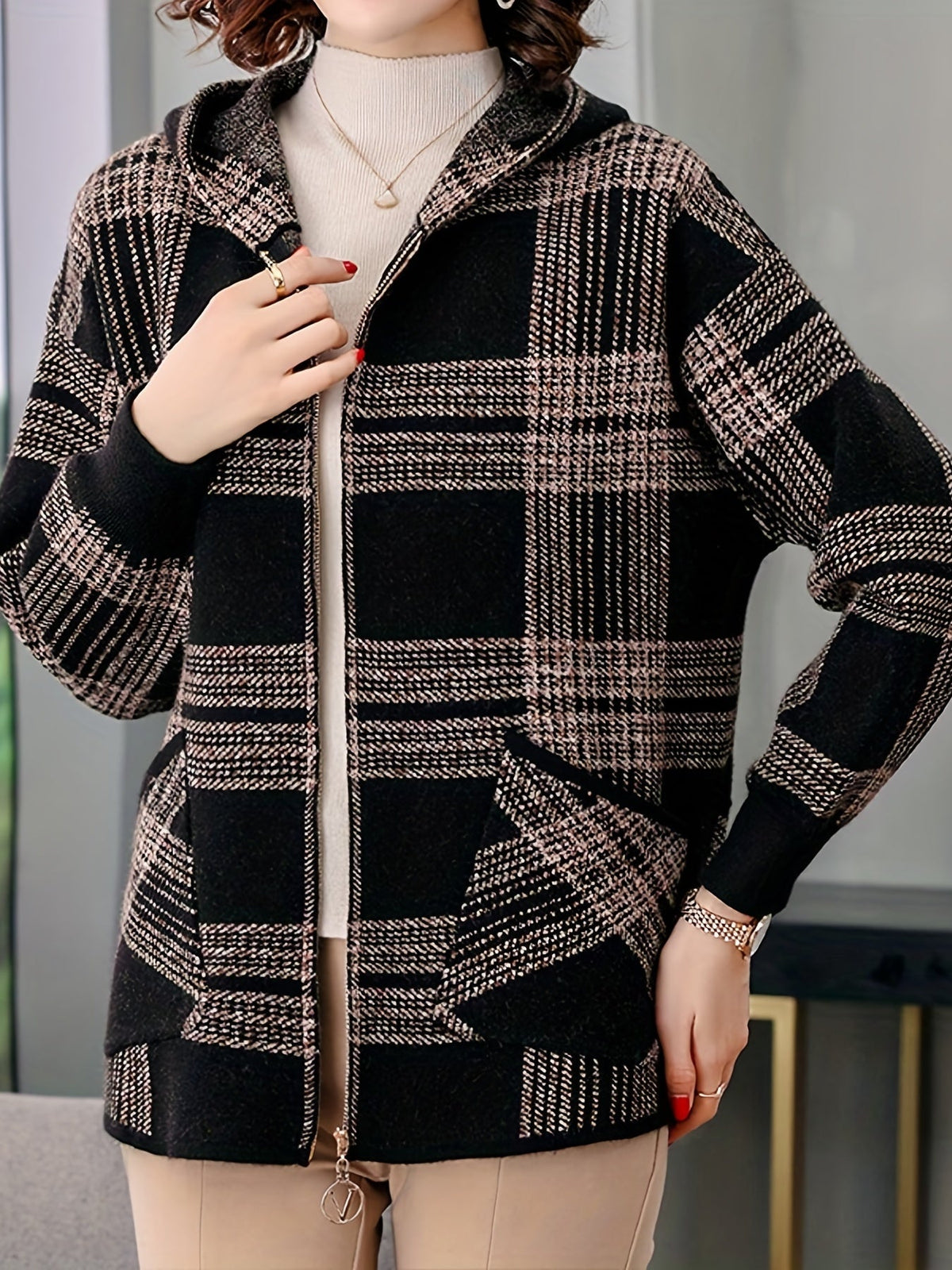 Delaney | Women's Checked Hooded Jacket – Zip-Up Knit