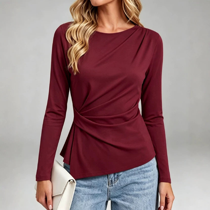 Faye | Women's Twist Pleat Long Sleeve Top – Elegant Crew Neck Blouse – Red