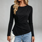 Faye | Women's Twist Pleat Long Sleeve Top – Elegant Crew Neck Blouse – Black
