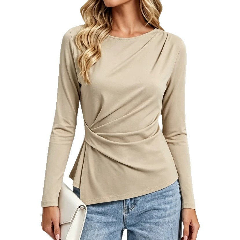 Faye | Women's Twist Pleat Long Sleeve Top – Elegant Crew Neck Blouse – Khaki