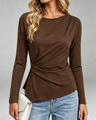 Faye | Women's Twist Pleat Long Sleeve Top – Elegant Crew Neck Blouse – Brown
