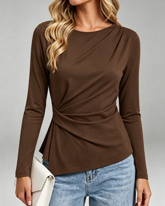 Faye | Women's Twist Pleat Long Sleeve Top – Elegant Crew Neck Blouse – Brown