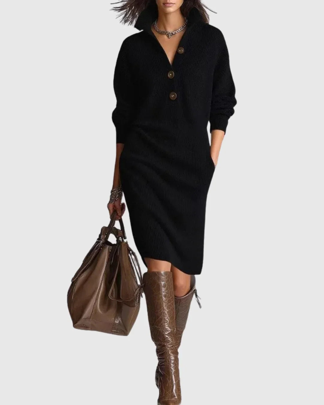 Fiona | Women's Ribbed Knit Midi Sweater Dress – Long Sleeve with Button Neckline – Black