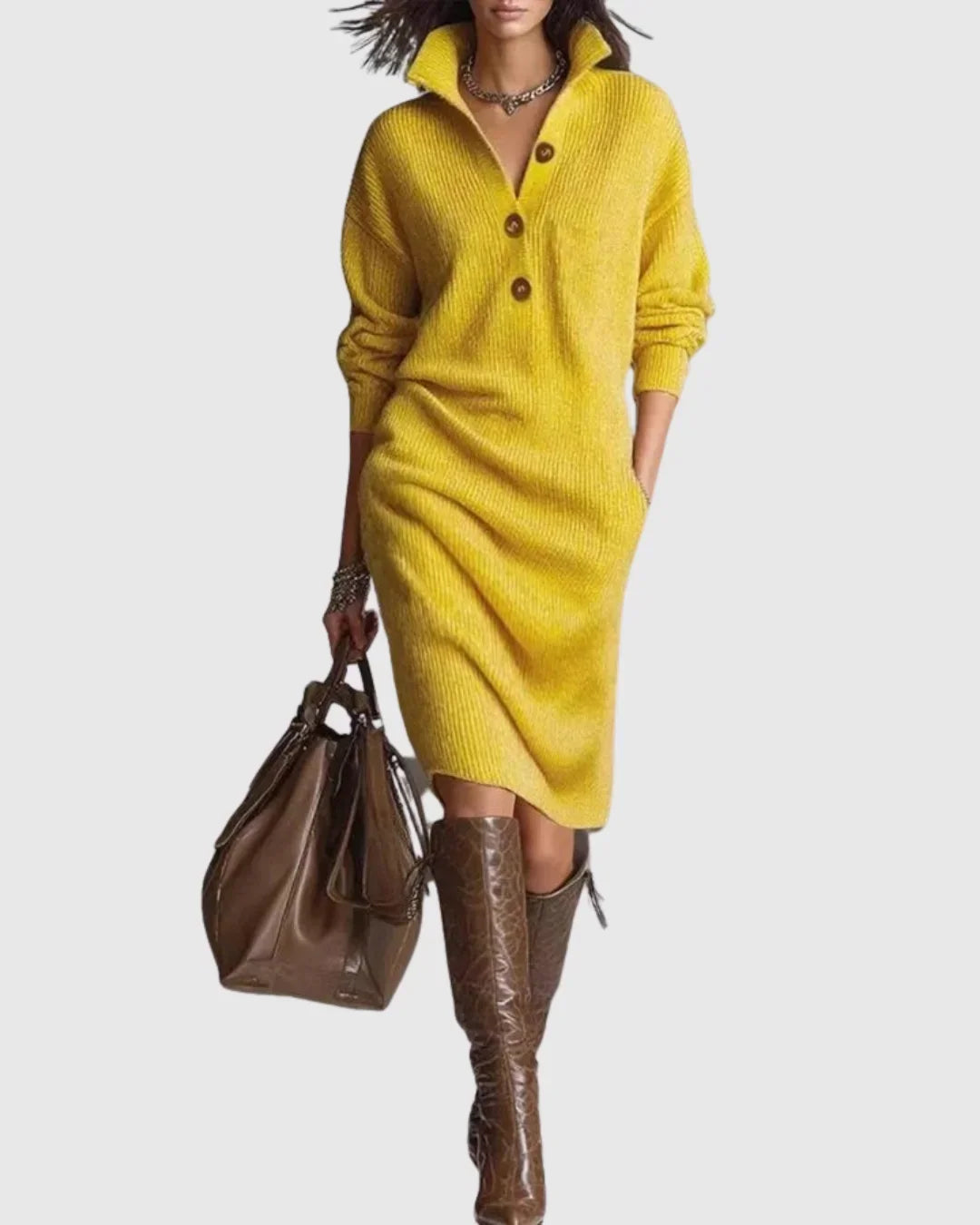 Fiona | Women's Ribbed Knit Midi Sweater Dress – Long Sleeve with Button Neckline – Yellow