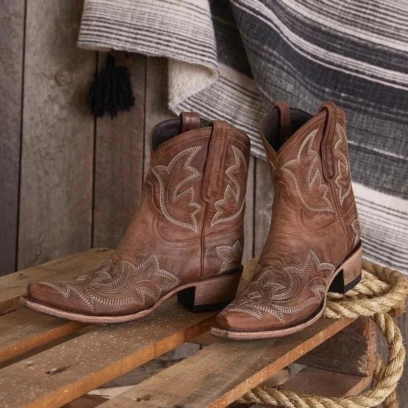 Freya | Women's Embroidered Cowboy Boots – Mid-Calf Western Boots with Low Heel – Brown