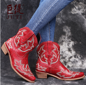 Freya | Women's Embroidered Cowboy Boots – Mid-Calf Western Boots with Low Heel – Red