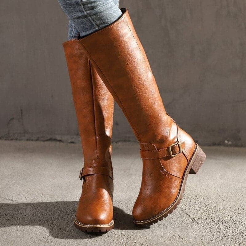 Gemma | Women's Buckle Knee High Boots – Low Heel Riding Boots with Back Zip – Brown