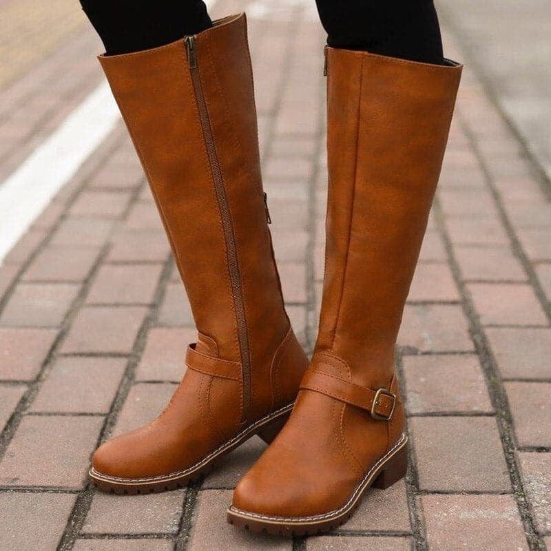 Gemma | Women's Buckle Knee High Boots – Low Heel Riding Boots with Back Zip