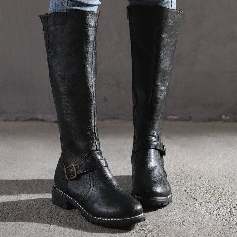 Gemma | Women's Buckle Knee High Boots – Low Heel Riding Boots with Back Zip – Black