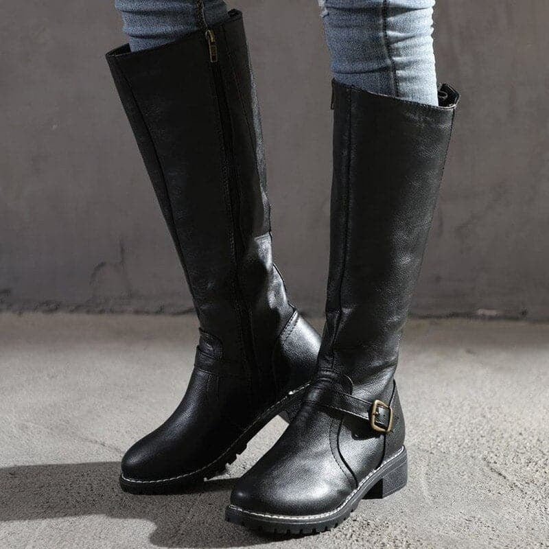 Gemma | Women's Buckle Knee High Boots – Low Heel Riding Boots with Back Zip