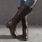 Gemma | Women's Buckle Knee High Boots – Low Heel Riding Boots with Back Zip – Dark Brown