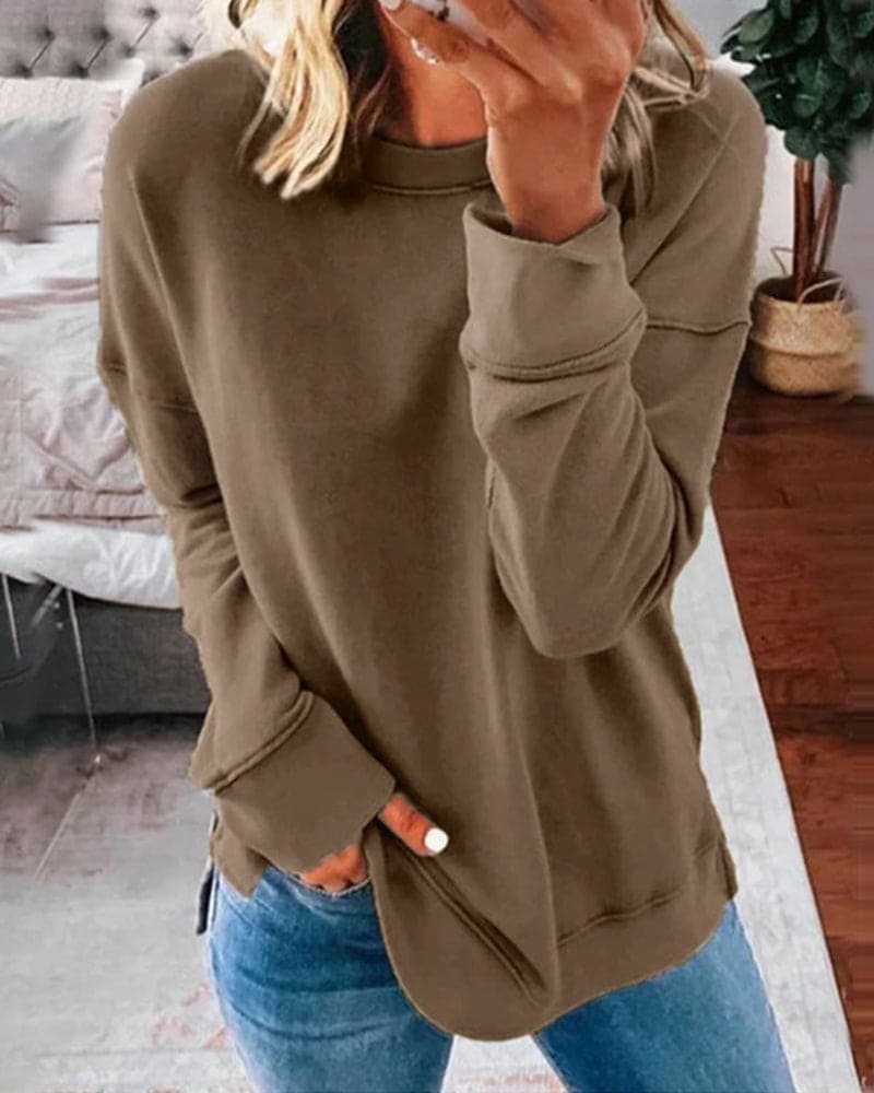 Gia | Women's Soft Brushed Crewneck Sweatshirt – Relaxed Fit Pullover – Khaki