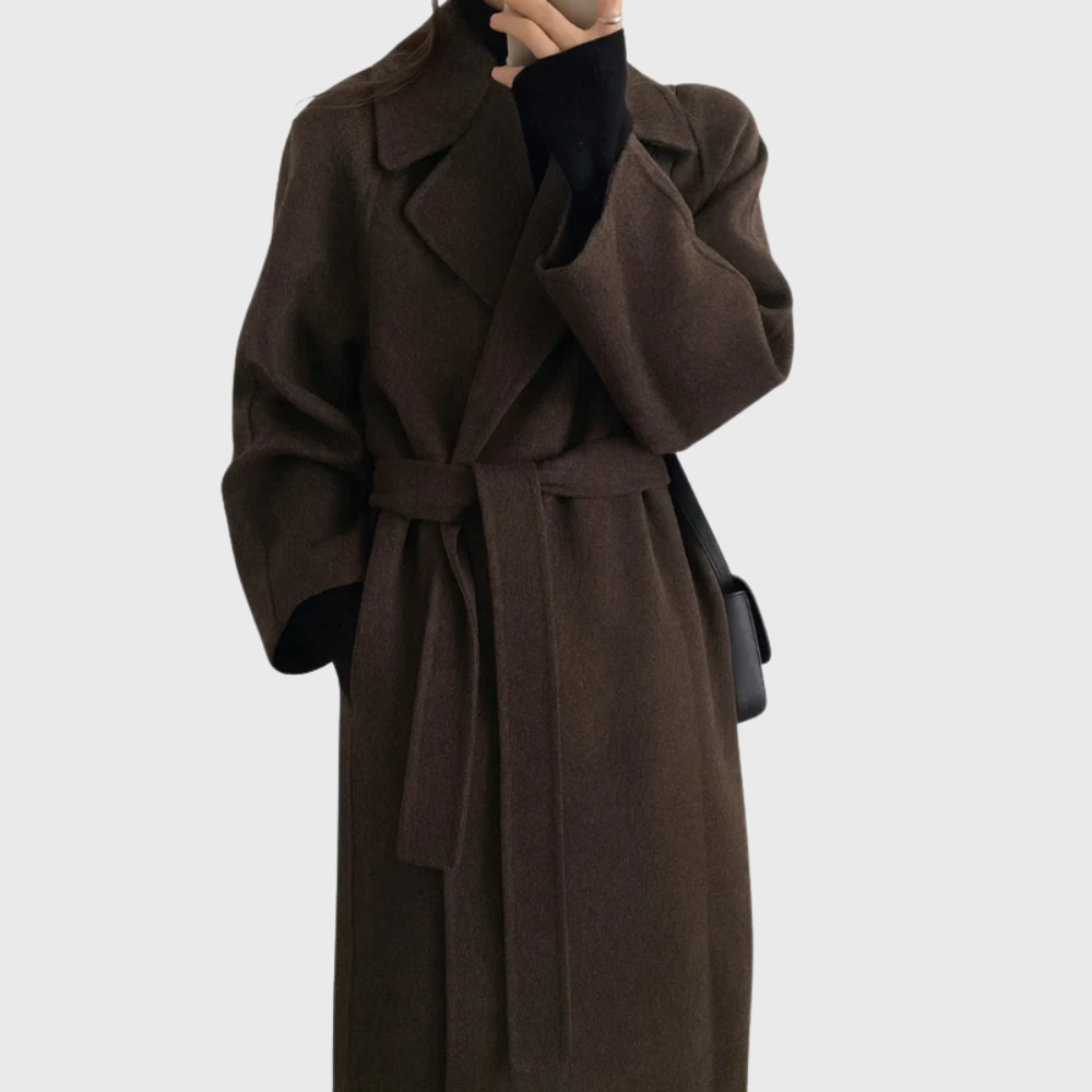 Gillian | Women's Wool-Blend Belted Wrap Coat – Wide Lapels, Longline, Relaxed Fit – Dark Brown