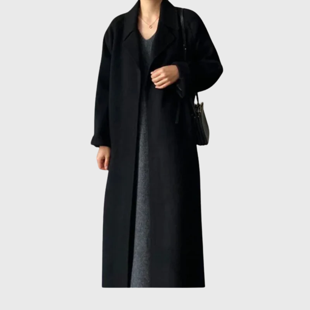 Gillian | Women's Wool-Blend Belted Wrap Coat – Wide Lapels, Longline, Relaxed Fit – Black
