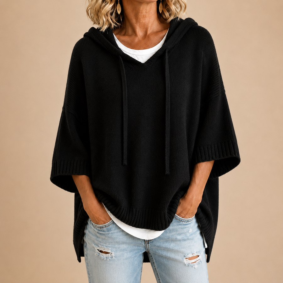 Gina | Women's Hooded Knit Poncho Sweater – Oversized Cut, Drawstring Hood, Wide Sleeves