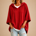 Gina | Women's Hooded Knit Poncho Sweater – Oversized Cut, Drawstring Hood, Wide Sleeves – Red