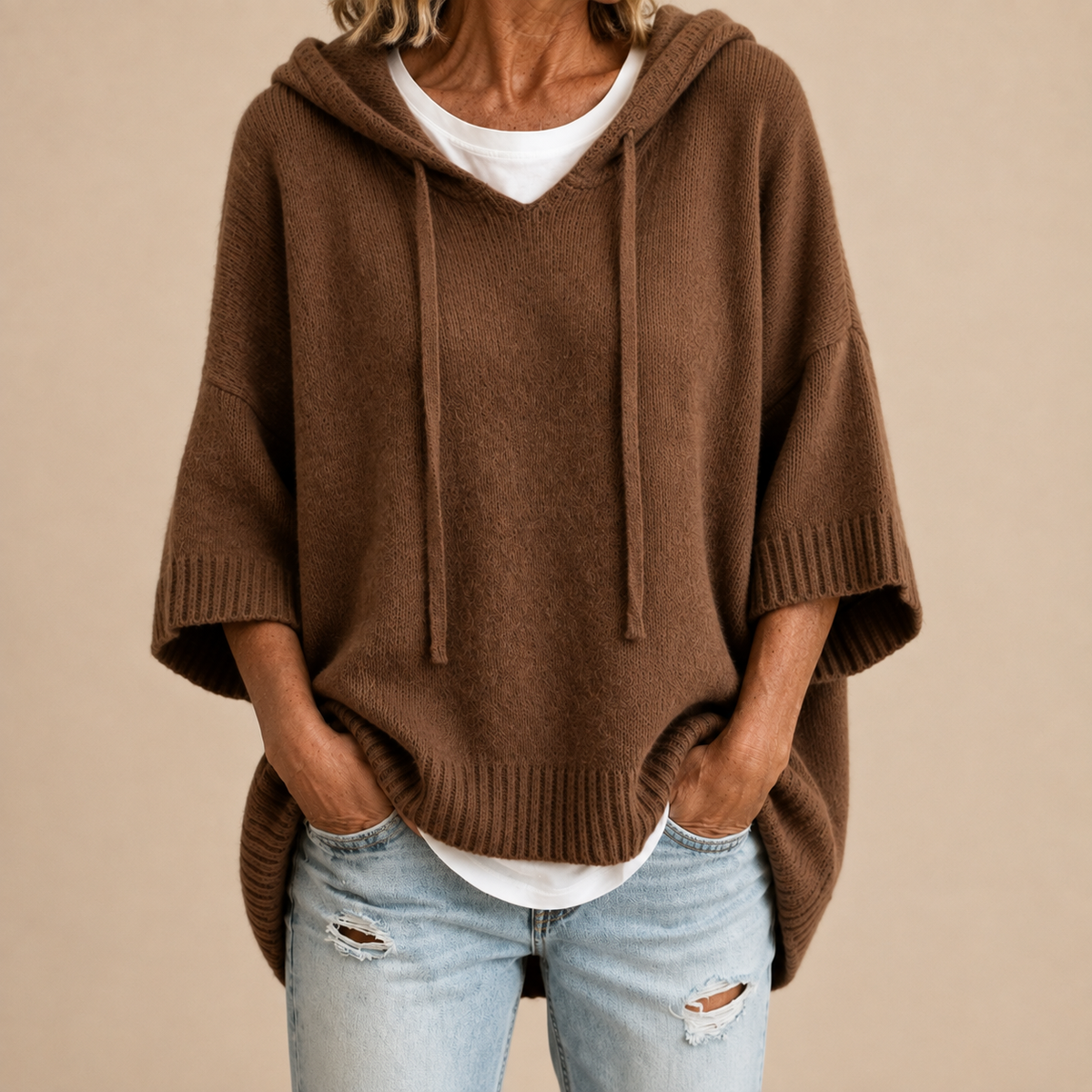 Gina | Women's Hooded Knit Poncho Sweater – Oversized Cut, Drawstring Hood, Wide Sleeves – Brown