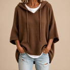 Gina | Women's Hooded Knit Poncho Sweater – Oversized Cut, Drawstring Hood, Wide Sleeves – Brown