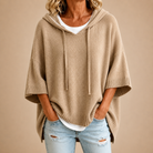 Gina | Women's Hooded Knit Poncho Sweater – Oversized Cut, Drawstring Hood, Wide Sleeves – Sand