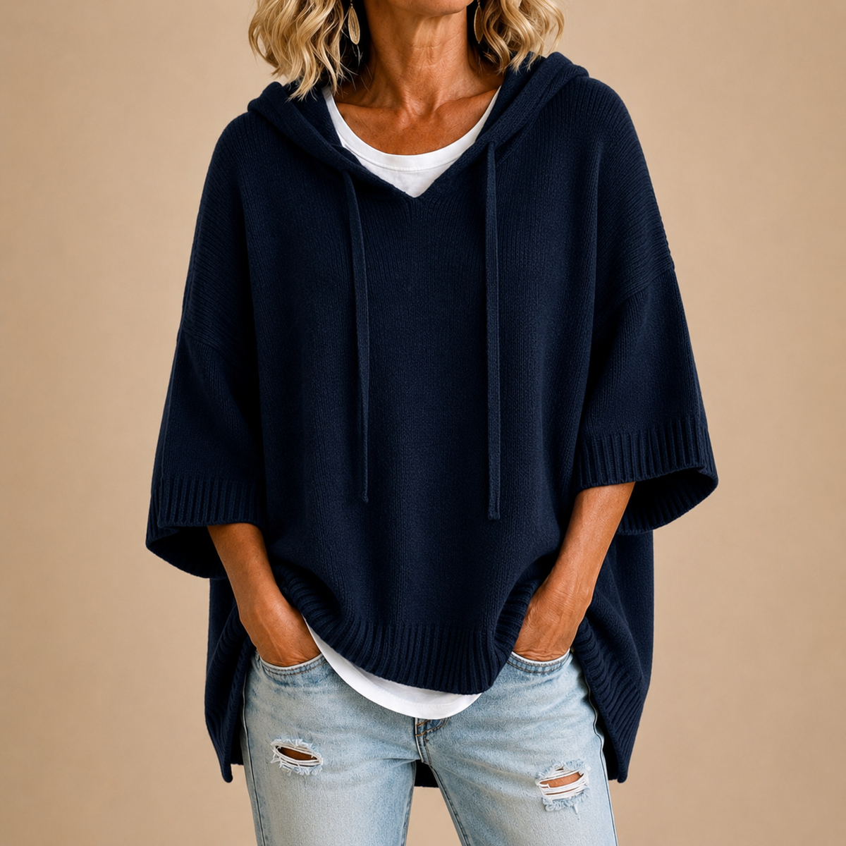 Gina | Women's Hooded Knit Poncho Sweater – Oversized Cut, Drawstring Hood, Wide Sleeves – Navy