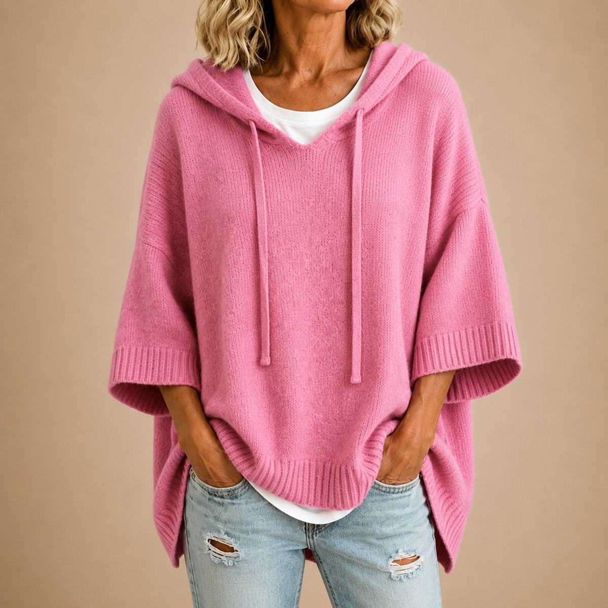 Gina | Women's Hooded Knit Poncho Sweater – Oversized Cut, Drawstring Hood, Wide Sleeves – Pink