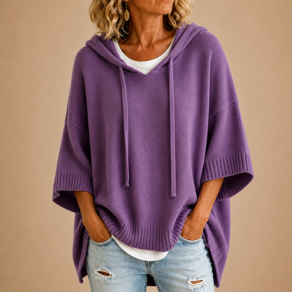 Gina | Women's Hooded Knit Poncho Sweater – Oversized Cut, Drawstring Hood, Wide Sleeves – Purple